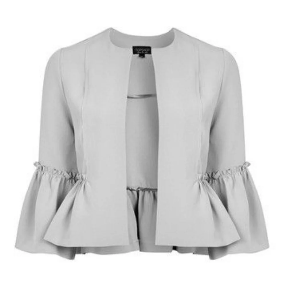 Sz 6 US Grey Topshop Cropped Blazer Ruffled Bell Sleeves Open Front